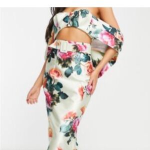 ASOS Floral Off-Shoulder Midi Dress - Pink and Green